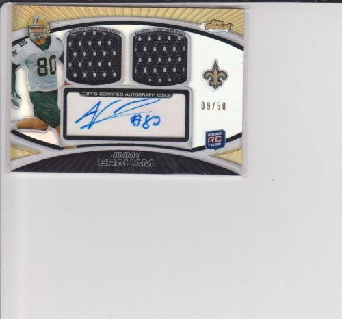 2010 Finest Jimmy Graham AUTOGRAPH Signature Dual Jersey Refractor Trading Card Serial # to /50 - New Orleans Saints (RC - Rookie Card) 2010 Topps Finest Football Trading Card #FADR-JGR-Shipped in Protective Screwdown Case