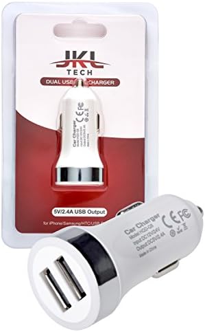 2-In-1 USB Car Charger - JKL Tech Sonic Speed Dual USB Car Charger - 5V/2.4A - Designed for iPhone 5, iPhone 5's, iPhone 6, iPhone 6 Plus, iPad, iPod, Samsung Galaxy, Smartphones, Tablets and other USB Powered Devices, ABS Fireproof - 1-pack- White Color