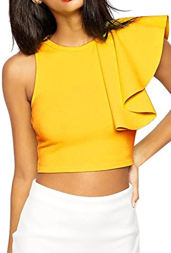 Womens Fashion Cute Girls Sexy O-Neck One-shoulder Ruffle Crop Top