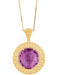14K Yellow Gold 18" 1.4mm Lcab035 Cable Chain With Lobster Clasp And 17mm Semi Round Amethyst Faceted Pendant