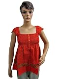 Women's Cap Sleeve Tunic Top Floral Printed Red Cotton Blouse S
