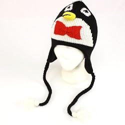 Winter Penguin Animal Knit Trapper Trooper Fleece Ski Hat Black