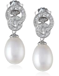 Sterling Silver 8.0-8.5mm Freshwater Cultured Pearl and Diamond Earrings (0.1 cttw, G-H Color, I2-I3 Clarity)