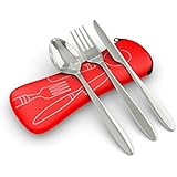 3 Piece Stainless Steel (Knife, Fork, Spoon) Lightweight, Travel / Camping Cutlery Set with Neoprene Case