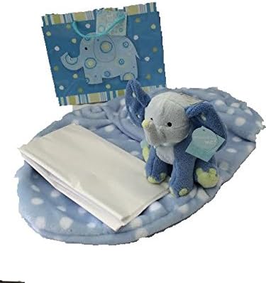Elements of Style Blue Polka Dot Baby Swaddler 0-3 Months, Polka Dot Elephant Rattle has Floppy Polka Dot Ears with Elephant Tote Bag with Gift Tag Attached and Tissue Paper-4 Pieces in Bundle