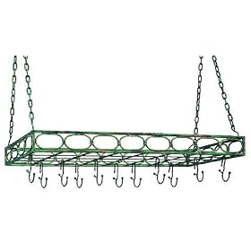 Old Dutch Steel Rectangular Ceiling Hanging Pot Rack with Grid Verdigris