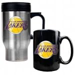 NBA Los Angeles Lakers Stainless Steel Travel Mug & Black Ceramic Mug Set - Primary Logo