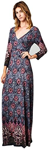 Lush Moda Maxi Wrap Dress Multi Color Purple Border 3/4 Sleeve Small