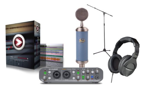 Home Recording Studio Equipment Package Includes M-Audio Pro Tools M-Powered 8, M-Audio Fast Track Pro, Blue Bluebird Microphone, Sennheiser HD 280 Pro , Atlas Sound TEB-E, and a Microphone Cable.