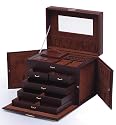 Brown LEATHER JEWELRY BOX / CASE / STORAGE / ORGANIZER WITH TRAVEL CASE AND LOCK