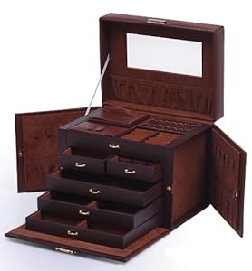 Shining Image Brown LEATHER JEWELRY BOX / CASE / STORAGE / ORGANIZER WITH TRAVEL CASE AND LOCK