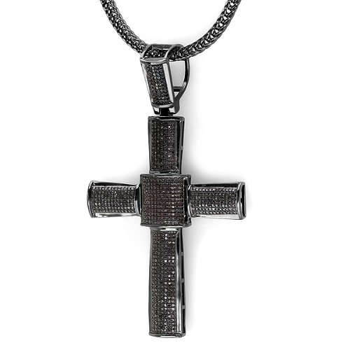 Sterling Silver Black Diamond Micro Pave Mens Hip Hop Style Religious Cross Pendant Necklace (3.00 CT, VS Clarity) FREE CHAIN