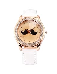 AMPM24 Rose Gold Bling Crystal Mustache Ladies White Leather Quartz Wrist Watch Gift WAA511