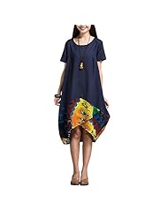 Asymmetric Cotton/Linen Round Neck General Print Short Sleeves  Dress