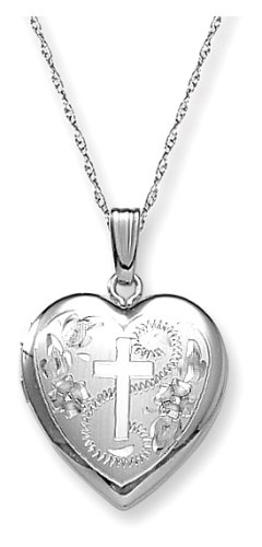 14k White Gold Engraved Cross Heart Locket