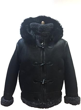 Men B-3 Genuine Shearling Leather Bomber Jacket Winter Aviator Coat Real Fur Hood and wood toggle closure (4X-Large, Black)