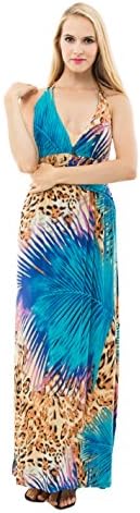 MaxiDress Women's Halter Sleeveless V-neck leopard Printed Casual Bohemia Long Dress