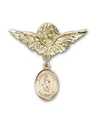 Gold Filled Baby Badge with St. Barbara Charm and Angel with Wings Badge Pin