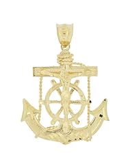 14k Yellow Gold, Christ Jesus Anchor Cross Pendant Religious Charm with Sparkly Cuts