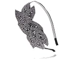 Black Gunmetal Grey Beaded Floral Leaf Bunch Retro Flapper Fashion Hair Headband