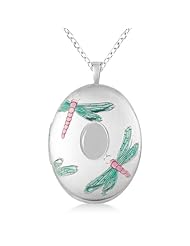 Oval Shaped Locket Pendant Colored Dragonflies Design Sterling Silver