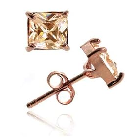 Rose Gold vermeil (24k Gold over Sterling Silver) Champagne cubic zirconia stone square... by Gold Rose Earring