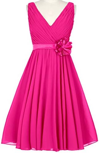 Dress U V-neck A-line Short Prom Dress Bridesmaid Dresses with Flower Sash Fuchsia US 16W