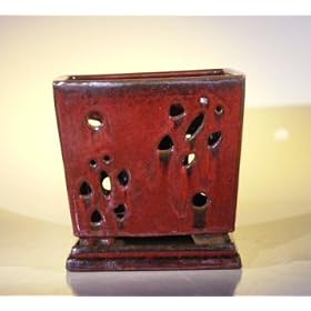 Bonsai Boy's Ceramic Orchid Pot with Attached Tray 8.25"x7.25" TallParisian Red Color - SquareSized to fit 8.0" Plastic Growing Pot