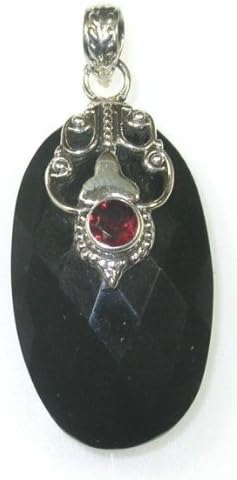 Faceted Black Onyx & Garnet Silver Oval Pendant