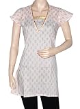 Ethinic Sensational Designer Awesome Look Golden Block Print Long Kurta Blouse with Lace Work At Neck Part White Color Cotton Yoga Kurti Tunic Top Blouse