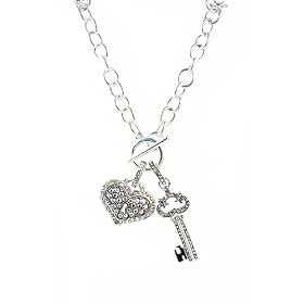 Necklace - N349 - Marcasite-Look Heart and Key - Chain Link - Toggle Ends by SERENITY CRYSTALS