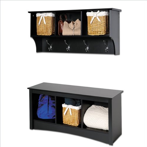Prepac Sonoma Black Cubbie Bench and Wall Coat Rack Set