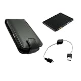 AAJ Trading BLACK Vertical Flip Leather Case Cover Pouch & USB Laptop Computer Notebook Charger Charging Lead & Extended High Capacity Battery For Blackberry Curve 8520