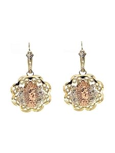 14k Tricolor Gold, Fancy Filigree Style Virgin Guadalupe Design Dangling Religious Earring with Sparkly Cuts