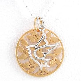 Open Design Round Tree of Life Pendant in 24K Gold Vermeil with Sterling Silver Open Design Dove on 16" ball chain, #8354