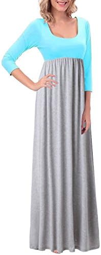 Cacuu Women's Contrast 3/4 Sleeve Elastic Waist Long Maxi Dress (Small, Mint Gray)