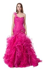 Organza Ruched Beaded Crystal Sheer  Floor Length One Shoulder Prom Dress  With Ruffles