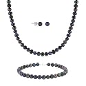 Sterling Silver 5.5-6mm Genuine Freshwater Cultured Peacock Pearl Necklace Bracelet & Stud Earrings Set