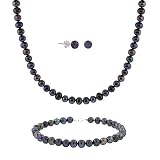 5.5-6mm Sterling Silver Genuine Freshwater Cultured Peacock Pearl Necklace Bracelet Stud Earring Set