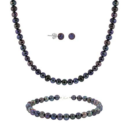 5.5-6mm Sterling Silver Genuine Freshwater Cultured Peacock Pearl Necklace Bracelet Stud Earring Set