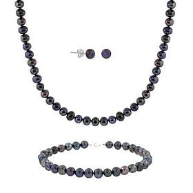 Sterling Silver 5.5-6mm Genuine Freshwater Cultured Peacock Pearl Necklace Bracelet & Stud Earrings Set