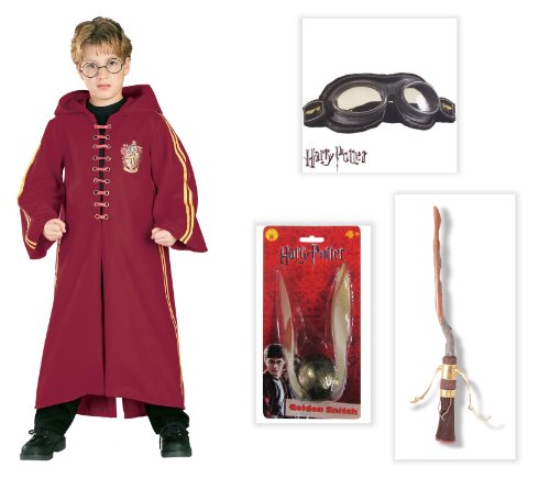Harry Potter Quidditch Super Deluxe Child Costume including Robe, Goggles, Broom and Golden Snitch - Large