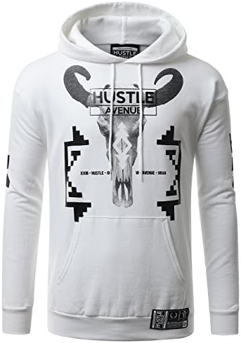 HUSTLEAVENUE Mens Hipster Hip Hop Pullover Bull Print Hoodie WHITE SMALL
