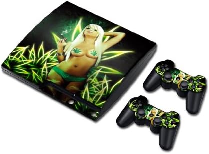 Doodle Deals Ps3 Wireless Game Controller for Sony Playstation 3 WITH Rumble Feature Black AND Ps3 Slim Vinyl Skin Sticker Decal for Playstation 3 Slim & Remote Controllers Blond Weed so Sexy Cool