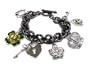 Designer Look Lucky Clover, Wishbone, Crown, Horseshoe & Key Themed Charm Bracelet Gun Metal Tone ~ Comes Gift Boxed