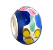 Pandora Style Charm Bead (Z153) Murano Style Lampwork Glass (13mm x 10mm) (fits Troll too) ~ Blue with Pink, White and Yellow Flowers