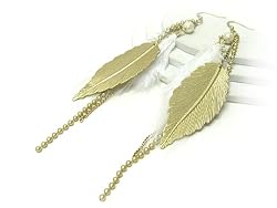 7" Long Goldtone Feather and Tassel Drop Earrings Fashion Jewelry