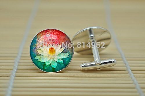 Pretty Lee Yoga Lotus Jewelry Lotus Flower Charm Lotus Yoga Hindu Cufflinks In Silver Glass Cabochon Cuff Links C1103
