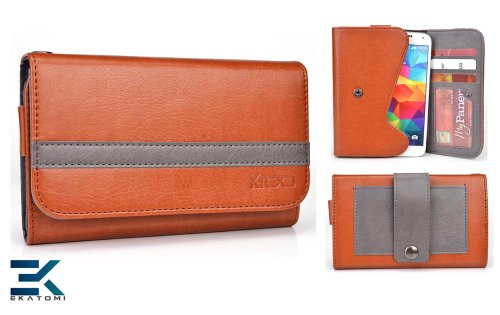 [Graphite Series] Universal Mobile Phone Cover Wallet fits Samsung R710 Suede Case - ORANGE & GRAY