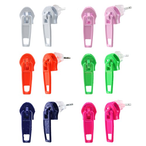 6 Pairs Assorted Colors Wholesale Lot Zipper Zip Zap Stud Earrings, Stainless Steel Pin, Hypoallergenic